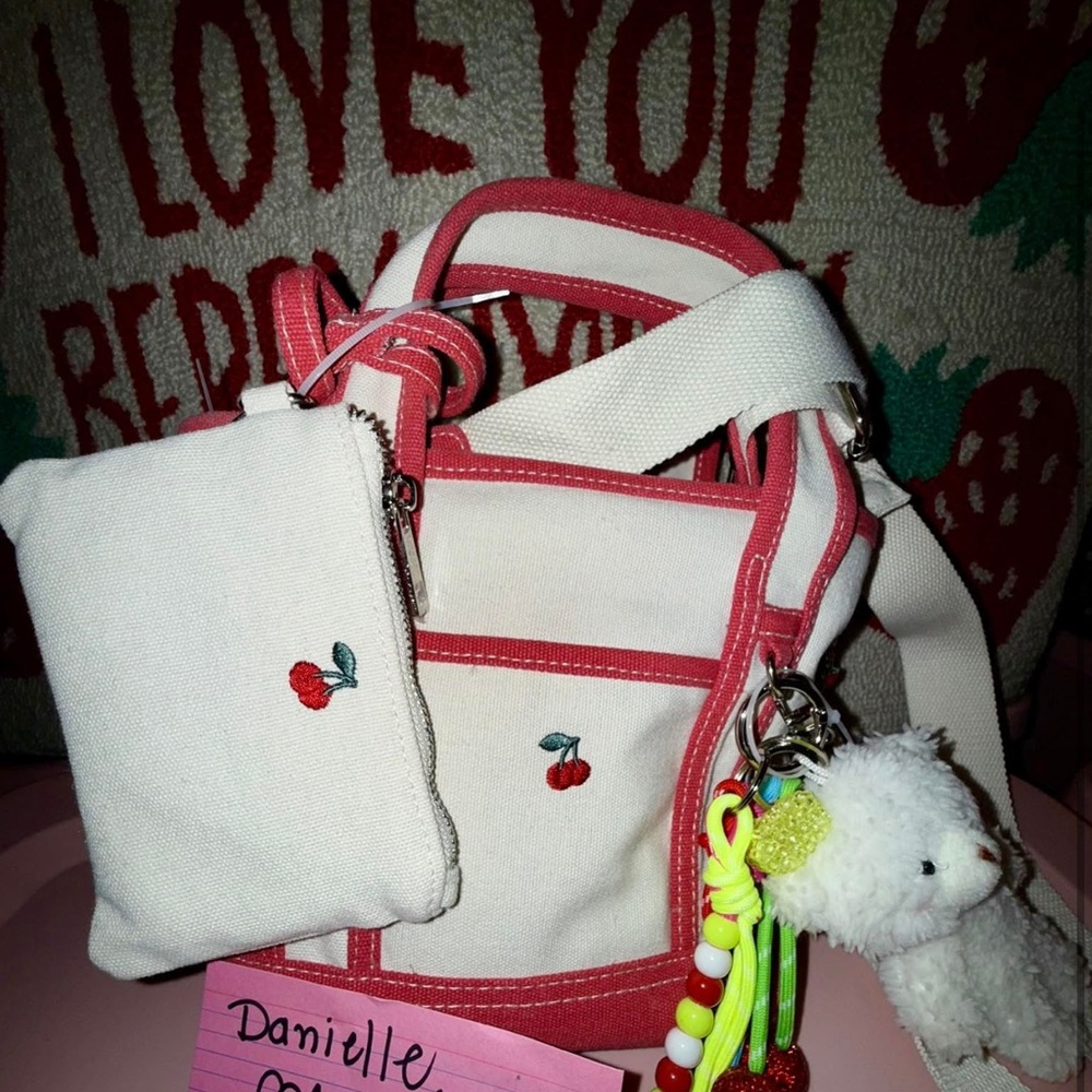 Cherry Embroidered Bag Set - Pink and White